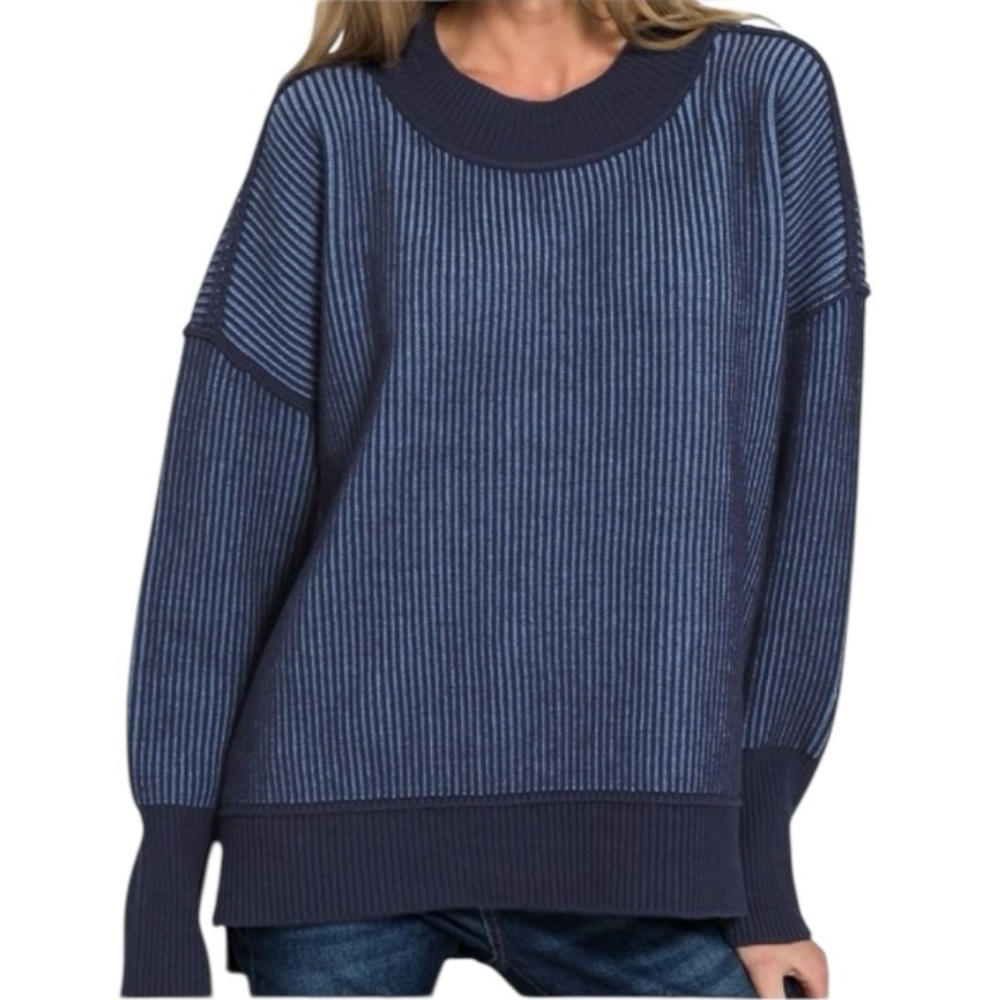 Women's Navy Ribbed Crewneck Sweater